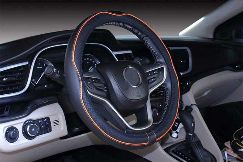 Mayco Bell Universal Standard Size Steering Wheel Cover Anti-Slip,Safety,Soft,Breathable,Durable,Full Surround,Comfortable Grip Microfiber Leather (14.5-15 inch,Black Orange) - Image 1